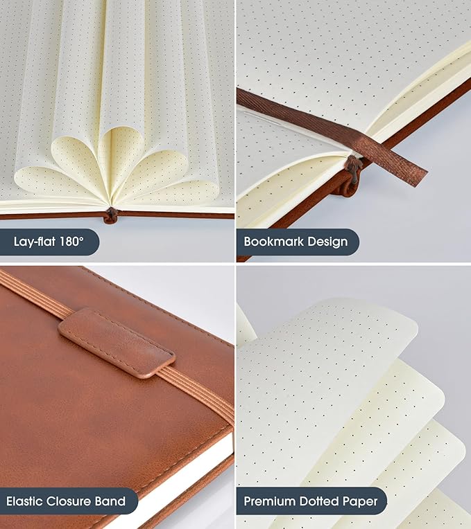 Dotted Journal Notebook for Women Men, 140 Pages Hardcover Dot Grid Notebooks for Work, School & Travel, Leather Journals for Writing, Bullet Journaling 5.7"×8.3" (Brown)