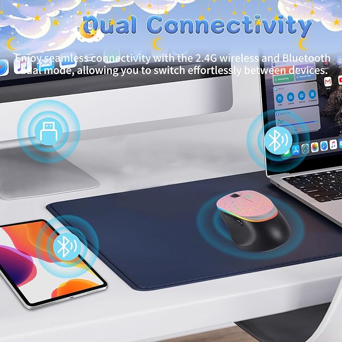 elec Space Bluetooth Wireless Mouse with Starry Sky RGB Backlight - Ergonomic Dual Mode Rechargeable Mouse, Type-C Charging - Perfect for Office, Gaming & Travel (Pink)