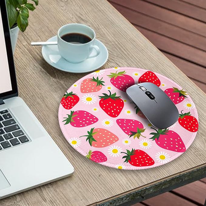 Gctriki Strawberry Mouse Pad, with Stitched Edge Non-Slip Rubber Base, Small Round Comfortable Computer Mousepad for Laptop Gaming Work, Pink Office Desk Accessories - Valentine's Day Gift for Her