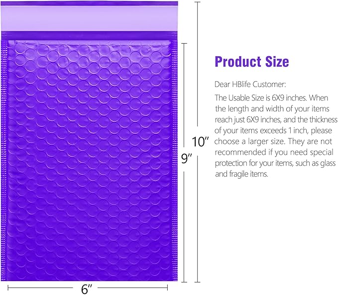 HBlife 50Pcs Bubble Mailers, 6x10 Inches Self Seal Purple Poly Mailers, Padded Envelopes Shipping Bags Packaging for Small Business