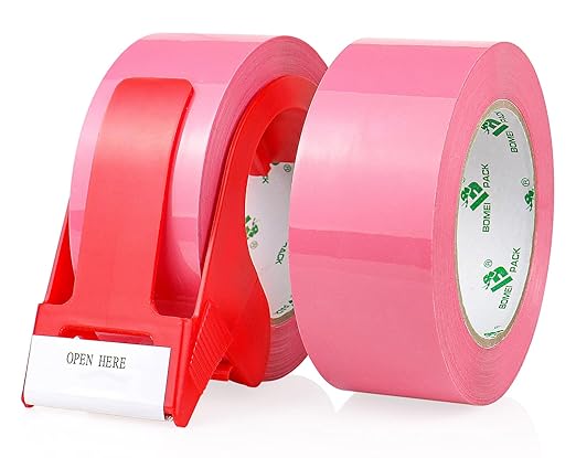 BOMEI PACK Pink Packing Tape with Dispenser, 2.4 Mil 1.88 Inch x 110 Yards, 2 Refills Rolls Color Box Tape for Moving, Shipping and Packaging