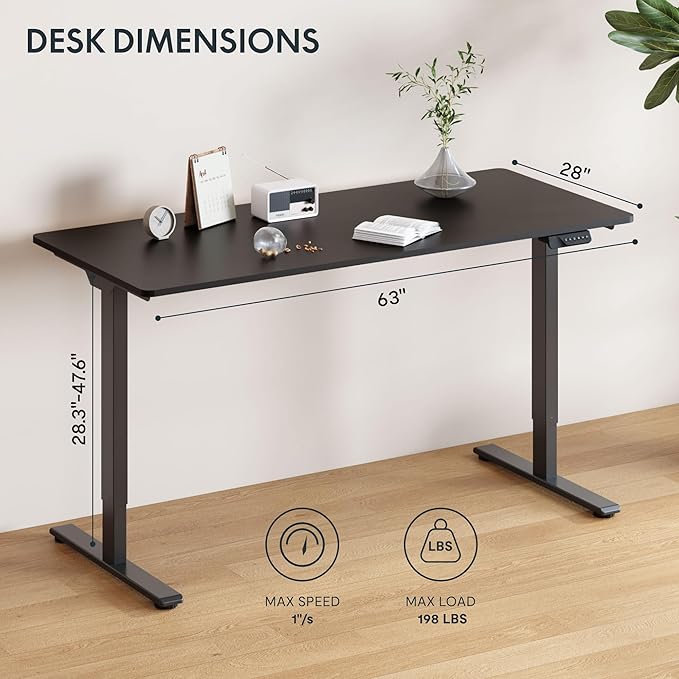 FLEXISPOT 63"x28" Large Dual Motor Electric Standing Desk, Black - 198 LBS Heavy-Duty Capacity, Ideal for Home Office, Creative Studio, or Multi-Monitor Setup