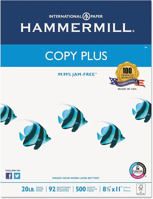Hammermill 105007 Copy Plus Copy Paper, 92 Brightness, 20lb, 8-1/2 x 11, White, 5000 Sheets/Carton