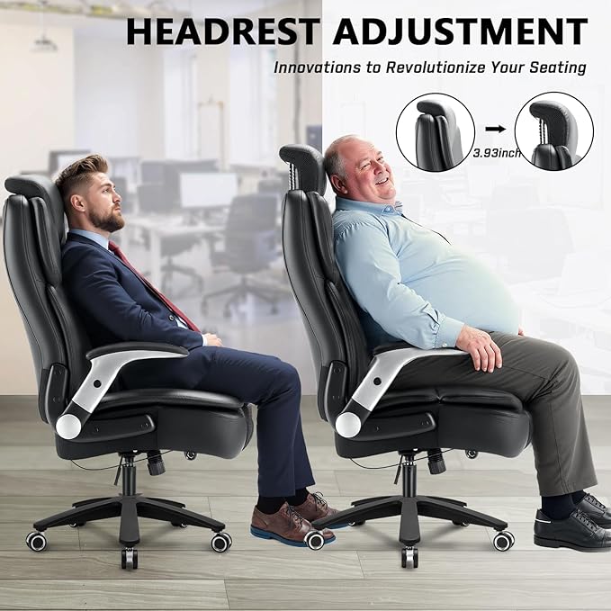 600lbs Big and Tall Office Chair for Heavy People,Heavy Duty Comfy Executive Office Desk Chair with Adjustable Lumbar Support,High Back Reclining PU Leather Computer Chair,Metal Base (Classic, Black1)