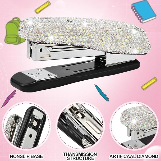 Bling Rhinestone Stapler, Sparkly Diamond Staplers, Cute Desk Stapler for Women & Girls, Bling Crystal Machine Pretty Office Stationery Kit (Clear with AB Color Plated, Large)