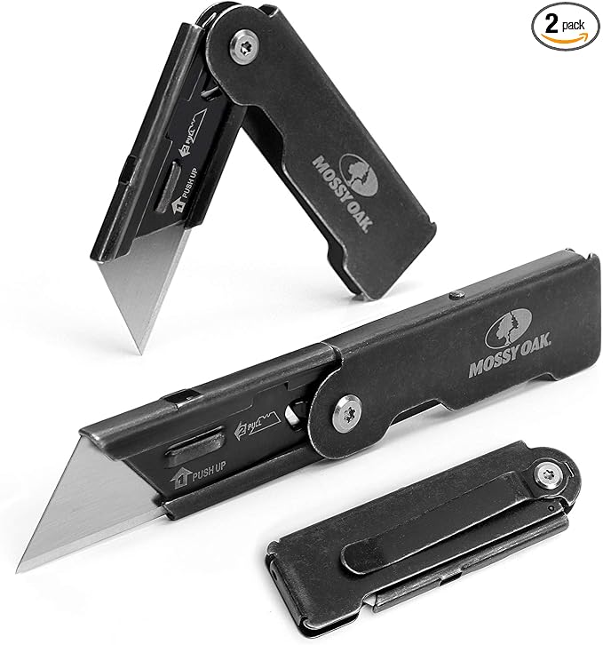 MOSSY OAK 2-pack Folding Pocket Utility Knife Set, Quick Change Box Cutter with Frame Lock, EDC Foldable Razor Knife with Belt Clip, Stone Washed