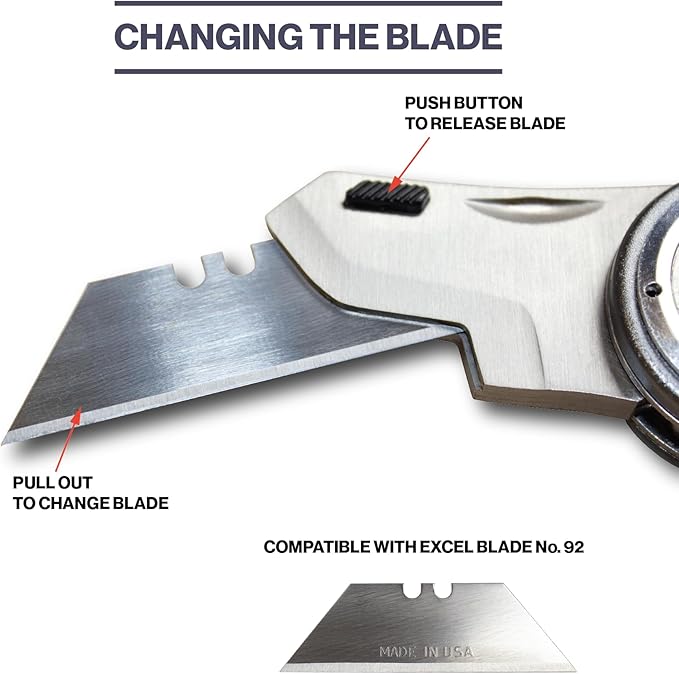 Excel Blades Revo Folding Utility Knife – Heavy-Duty Box Cutter with Aluminum Body, Quick-Change #92 Blades, 3 Lock Positions Design, Anti-Slip Finger Loop Grip, Holster Included – Grey