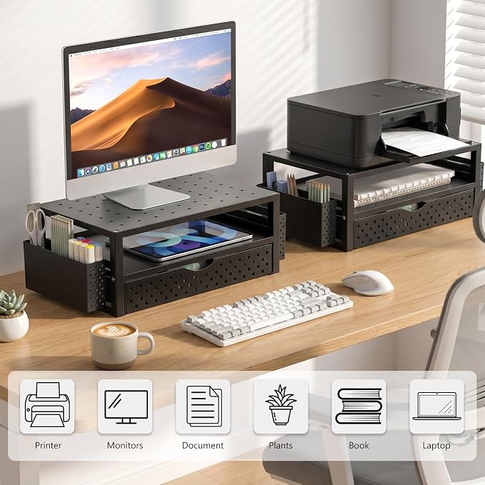 WALI Monitor Stand Riser with Drawer and 2 Pen Holders | Desk Organizers and Accessories for Computer, Printer, Laptop Stand for Home Office Supplies, (PTT004-B), 1 Pack, Black