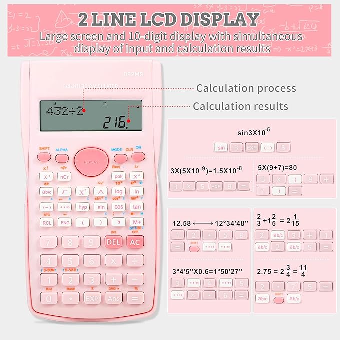 Scientific Calculator, 2 Line Cute Scientific Math Calculator Function Calculator for Students Algebra Geometry Basic Caculator for Middle and High School Students College School Supplies (Pink)