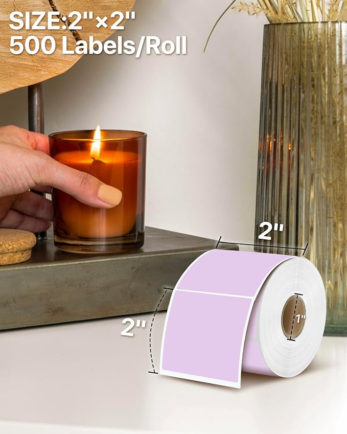 iEager Purple Square Thermal Label Stickers, 2"x2" Self-Adhesive Square Direct Thermal Labels with Perforation Line, 500 Sheets/Roll