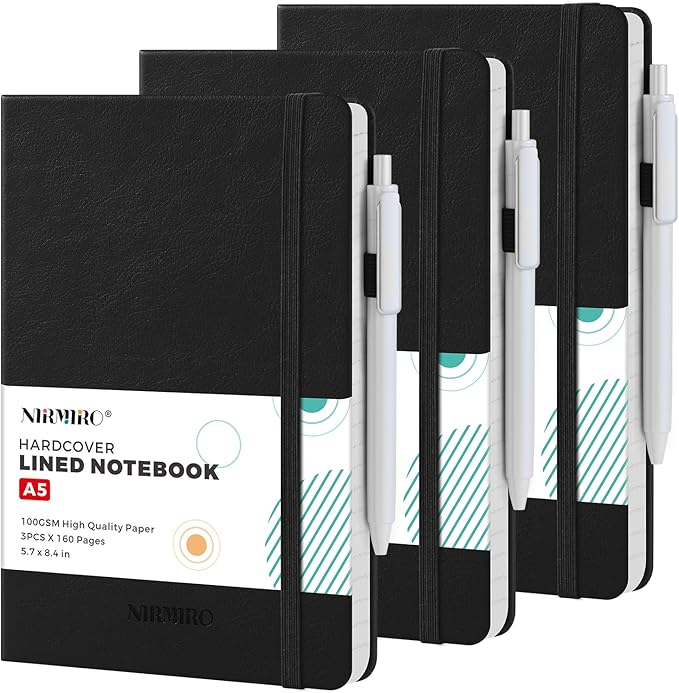 (3 Pack) Lined Journal Notebook with Pen, A5 (5.7"x8.4") Leather Hardcover Journaling Notebooks for Women Men Work, 160 Pages per Note Book, 100GSM Paper, School Office Supplies, Black