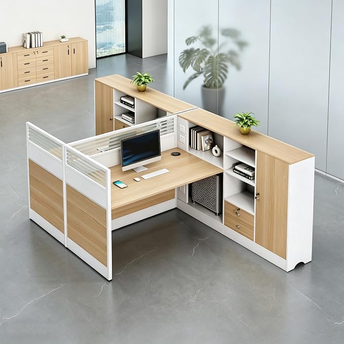 Modern Office Workstation Desk with Side Storage Cabinet, Tempered Glass Privacy Panels, USB Charging Hub & Cable Management, Modular Cubicle Desk for Office Work (D - Right, 2P)