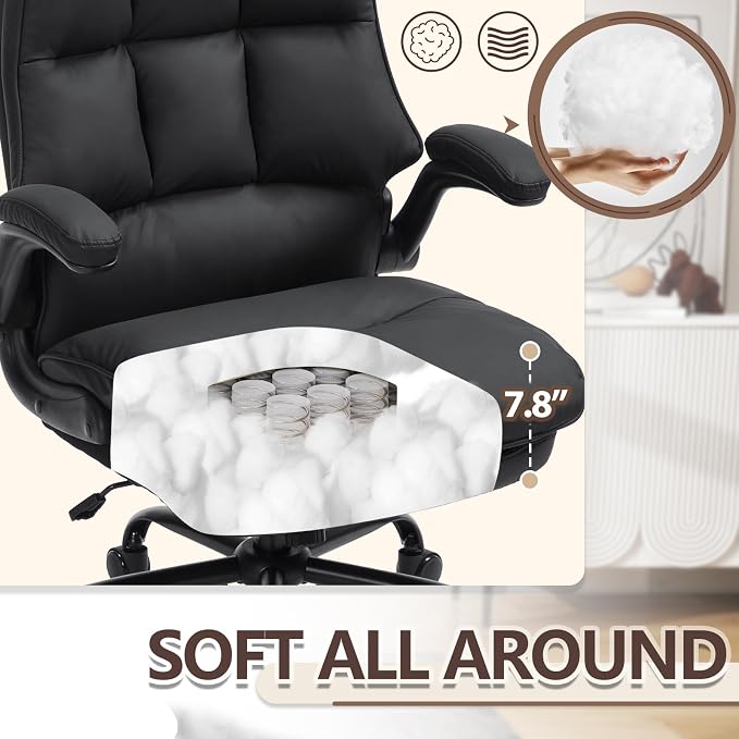 Comfy Office Chair Soft and Double Cushioned Ergonomic Computer Desk Chair | Suitable for Long Hours Executive Office Chair with Flip-up Armrests and Height Adjustment for Home Office Black