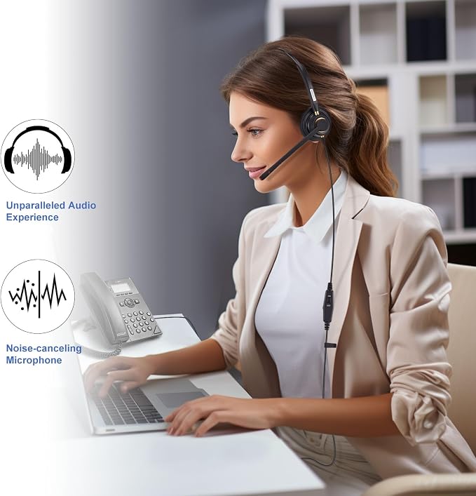 Arama Phone Headset for Office Phones for Polycom & Other IP Phones(A800S2) | Noise-canceling Mic, Metal Headband, Lightweight Design, Plug-and-play, Hands-Free, Call Center, Telemarketing, Office