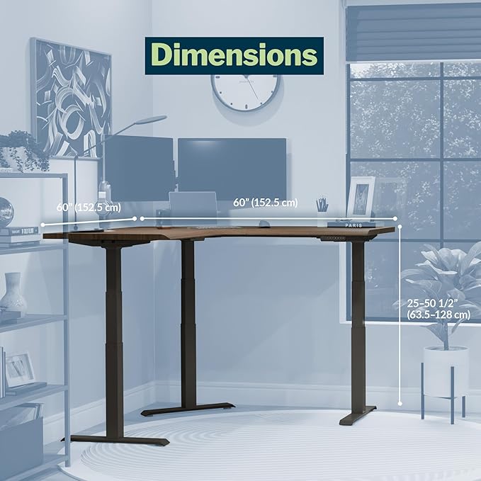 Vari ComfortEdge 60x60 L-Shape Electric Standing Desk – Height Adjustable Sit-Stand VariDesk for Corner Office with Reversible Left/Right Design - Walnut Top/Black Legs (Ships in 3 Boxes)