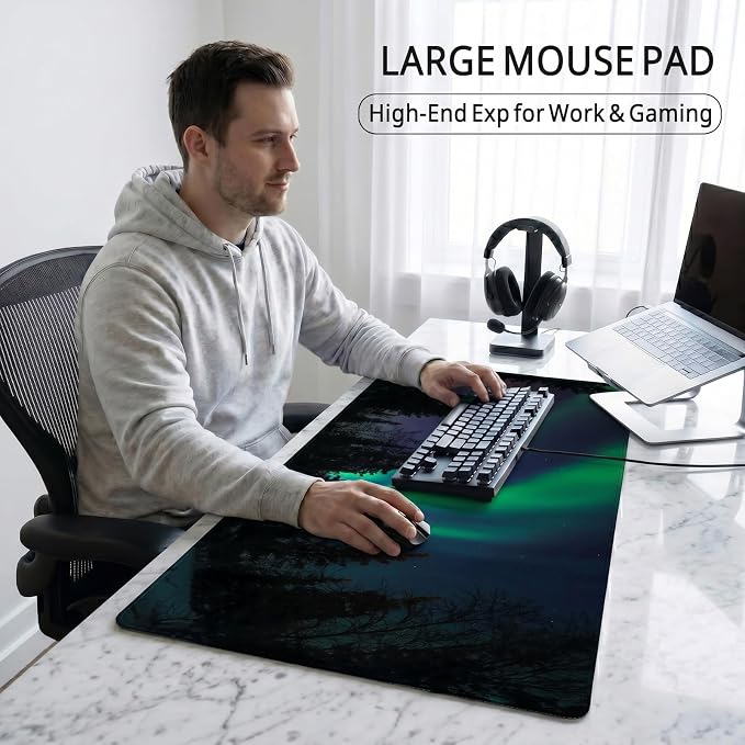 Auhoahsil Northern Lights Aurora Desk Mat, Ultra Large Full Desk Gaming Mouse Pad, Dark Night Forest Landscape Extended Keyboard Pad, Nature Aesthetic Desk Pad for Home Office Gaming, 35.4"x 15.7"