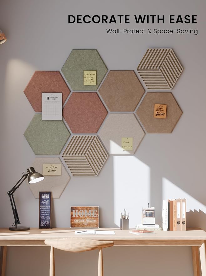 Fluxynara 10-Pack Hexagon Felt Bulletin Board Tiles, Boho | Cork Board Alternative for Wall Decor and Vision Boards, with 50 Adhesive Tabs for Home, Office, Classroom or Dorm.