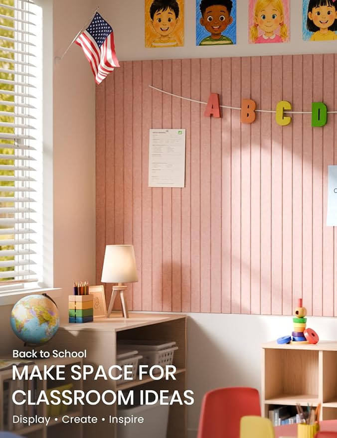 28" x 18" Felt Bulletin Board Tiles, Fine Stripe, Pink | 6-Pack Cork Board Alternative, 30 Adhesive Tabs, Push Pin Board, Wall Decor, Office, Home, Classroom, Dorm