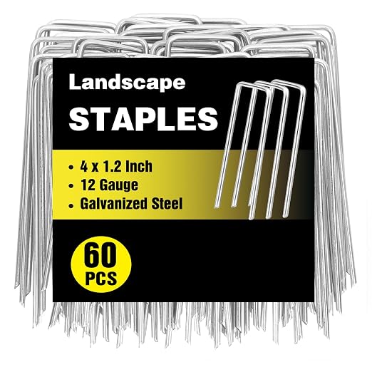 HongWay 60 Pack Landscape Staples 4 Inch, Galvanized Garden Stakes | 12 Gauge Ground Staples Sod Pins Yard Stakes for Landscape Weed Barrier Fabric, Gardening, Lawn, Turf, Irrigation Tube