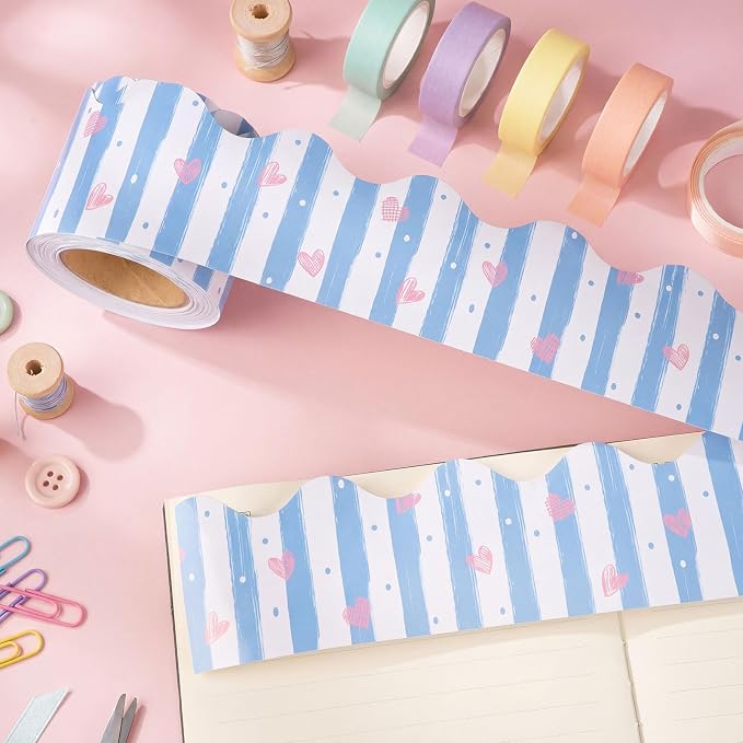32.8 Ft Blue Stripes Bulletin Board Borders Scalloped Trim | Blue Borders with Pink Hearts and Dots Decoration, Classroom Decor, Scalloped Edge for Office Party Fiesta