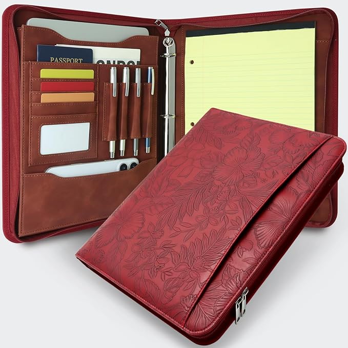 Western Embossed Faux Leather Zippered Padfolio with 3 Ring Binder, Executive Portfolio Organizer Binder for Women, Fits 13.9" Laptop/Tablet, Refillable Writing Pad Pocket, Red
