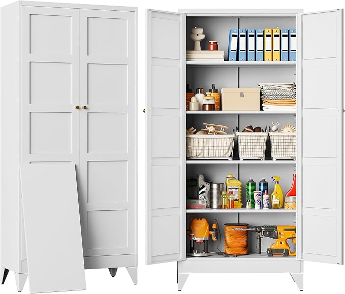 Wide & Deep Pantry Storage Cabinet with 2 Doors and 5 Shelves,72 inch Tall Metal Storage Cabinet,Large Cupboard,White Cabinets for Home,Kitchen,Bathroom,Dining/Living Room