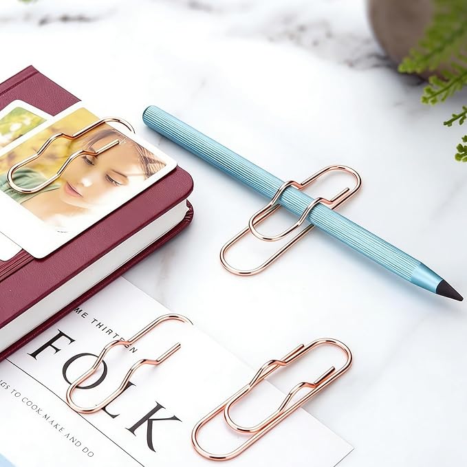 HINGTAI 12Pcs Pen Holder Clips - Pen Holding Paper Clips Metal for Notebooks, Decorative Pencil Clip Organizer, Multi-Functional Bookmark & Card Holder for Desk Organization Rose Gold