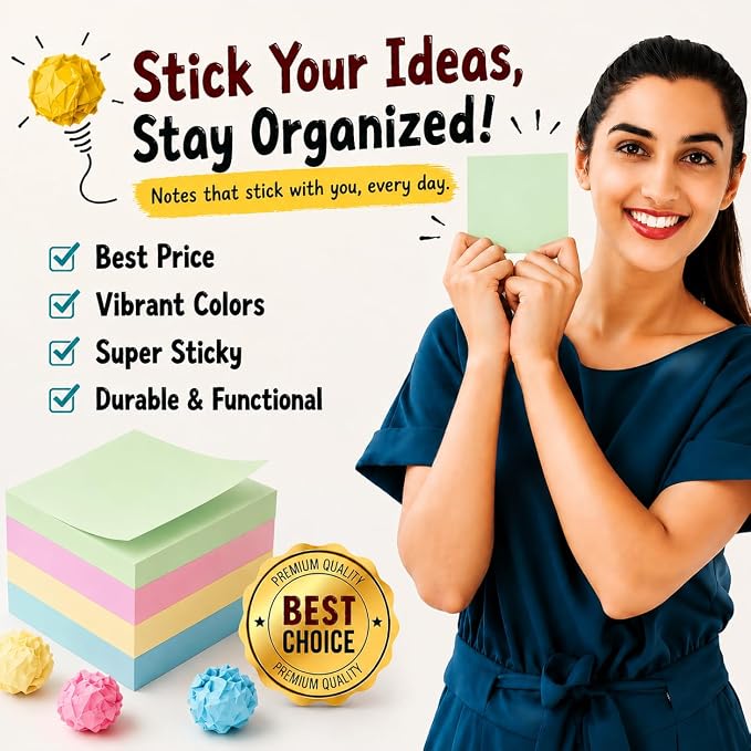 Sticky Notes 3x3, 24 Pads/2400 Sheets, Strong Self-Adhesive Note Pads | 3x3 Sticky Notes Pad, 4 Pastel Colors, Repositionable, Removes Cleanly, Smooth Thick Paper, Ideal for Home, Office & School