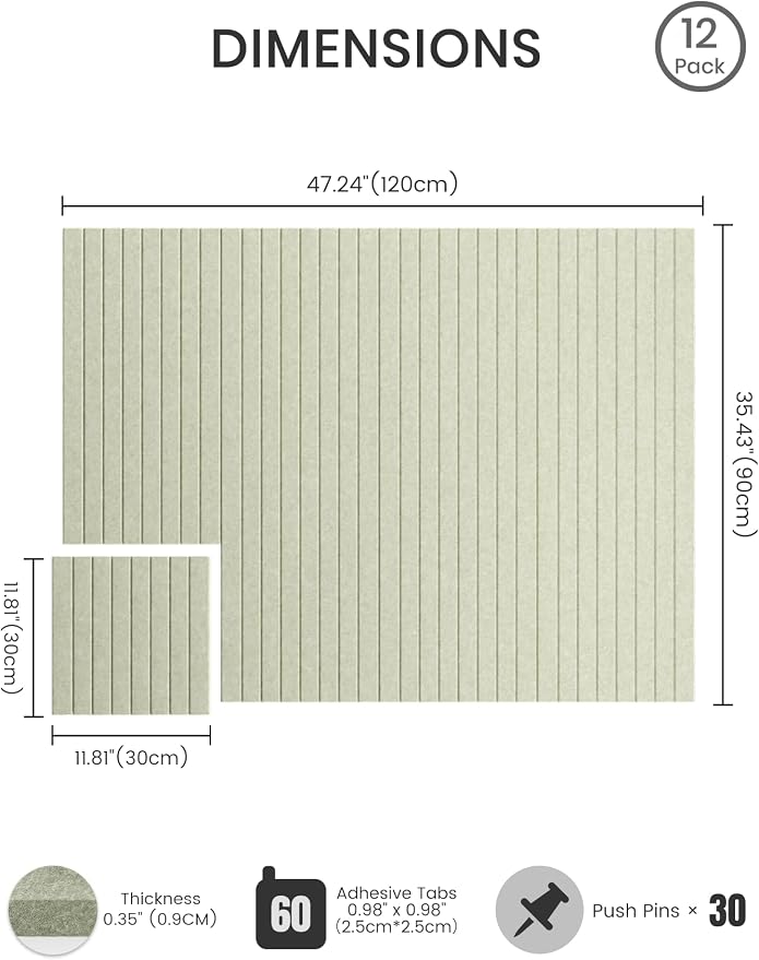 Bumusty 48"x 36" Large Felt Bulletin Board Tiles, Sage | 12-Pack Cork Board Alternative, Wall Decor, 30 Pushpins, 60 Adhesive Tabs, Vision Board, Office, Classroom, Home, Dorm