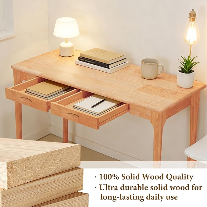 47" Solid Wood Desk with Drawers, Small Home Office Writing Wooden Desk, Gaming & Computer Desk for Bedroom, Work Study Table for Small Space(Beech,47Inch)