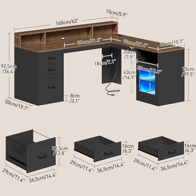 63" L Shaped Desk with Drawers, Corner Desk with File Cabinet | LED L Shaped Office Desk with Storage, Wooden L Shaped Executive Desk with Power Outlet & Monitor Stand, Black and Walnut