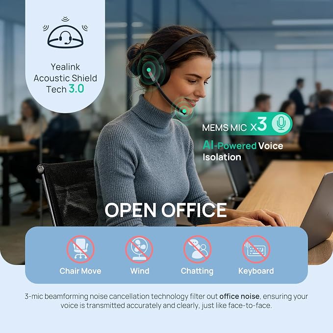 Yealink BH70 Mono Bluetooth Teams Headset with AI Mic for Work from Home PC | 3 Microphone Sound Isolation, Microsoft Teams & Zoom Certified, Compatible with Cisco Zoom Google, 35h Talk, USB-A dongle