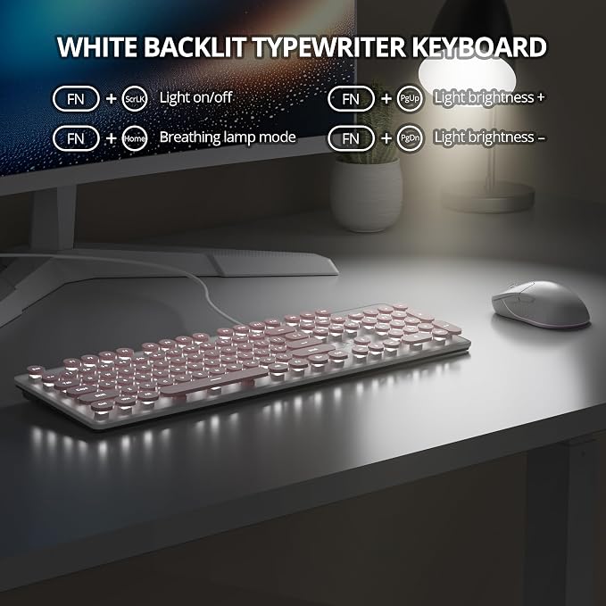 surmen Cute Quiet Keyboard Pink Wired Typewriter Keyboard, Light Up Backlit PC Keyboards with Retro Round Keys Full Size 104 Keys for Office Computer (Pink)