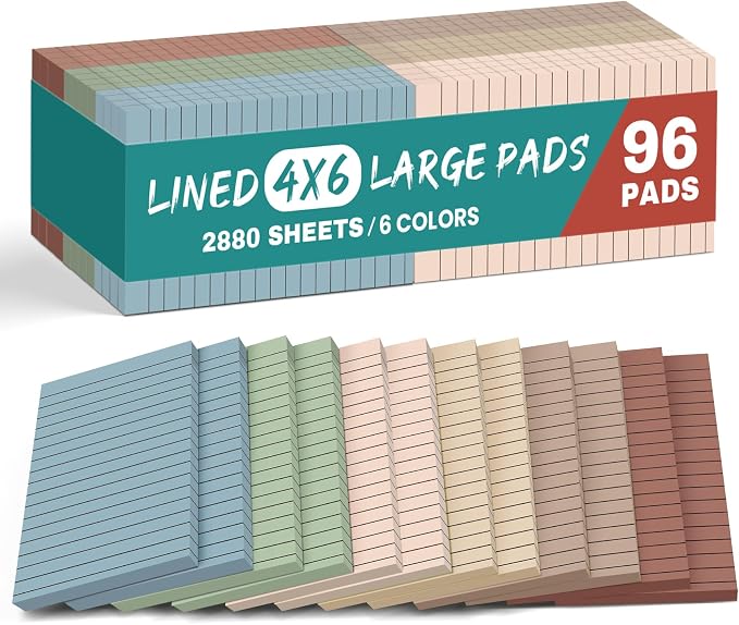 Taja Lined Sticky Notes, 4 x 6 Inches, 96 Pads, 30 Sheets/Pad, Vintage | Large Sticky Notes with Lines for Office, Home, School, Ruled Memo Note Pads for Shopping, Planning, Studying