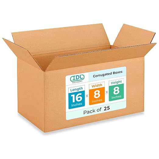 Medium Moving & Shipping Boxes 16"L x 8"W x 8"H (25-Pack) - Extra Strength 200 lb vs Regular - USA-Made Corrugated Cardboard Boxes Moving and Delivering - Packaging Box by IDL Packaging | Extra Strength 200 lb vs Regular - Corrugated Cardboard Boxes Mo...