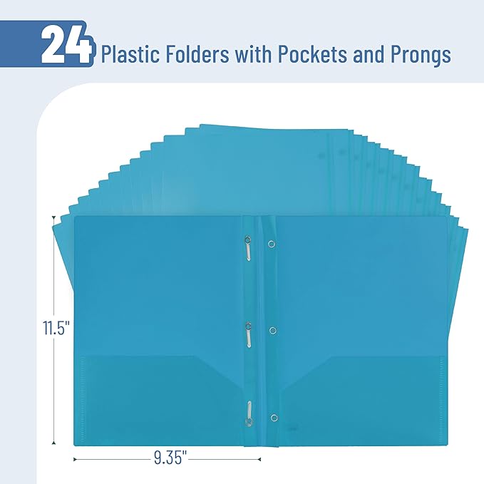 Mr. Pen- Plastic Folders with Pockets and Prongs, 24 Pack, Letter Size, Blue, Flexible Plastic Folders with Prongs