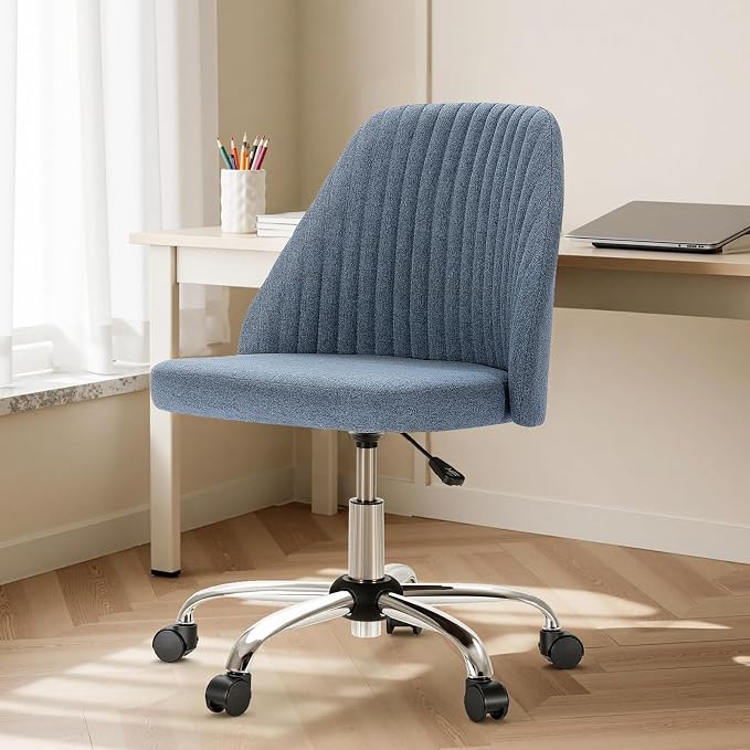 DUMOS Home Office Chair, Comfy Desk Chair with Rolling Wheels | Armless Height Adjustable, Wide Seating, Vanity Swivel Task, Bedroom Student Adults, Blue