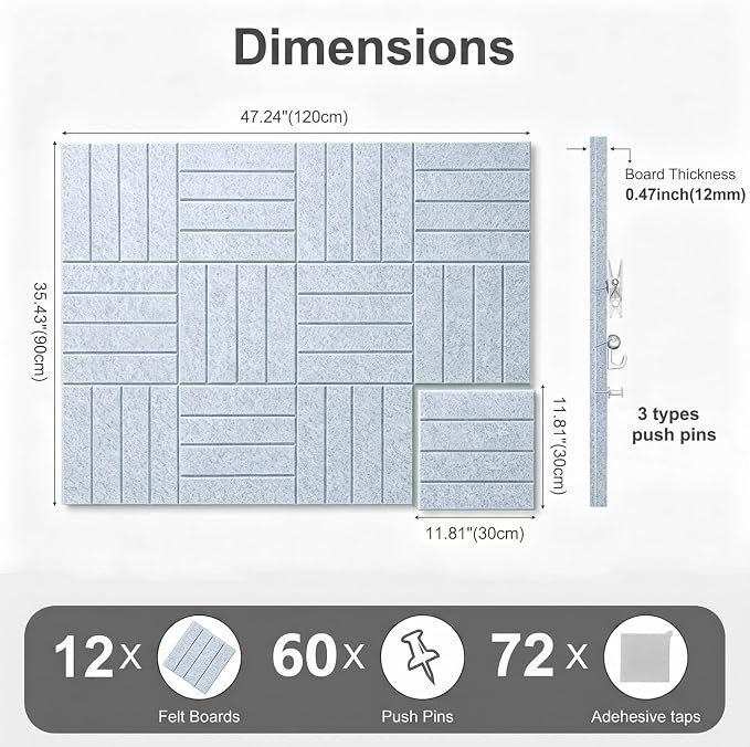 0.47" Thick Felt Wall Tiles 48"x36" Cork Board Alternative 12 Pack 11.81"x11.81"Felt Bulletin Board Pin Board with Removable Adhesive Tape&60 Pushpins for Home Office School(Bold-Silver Grey)