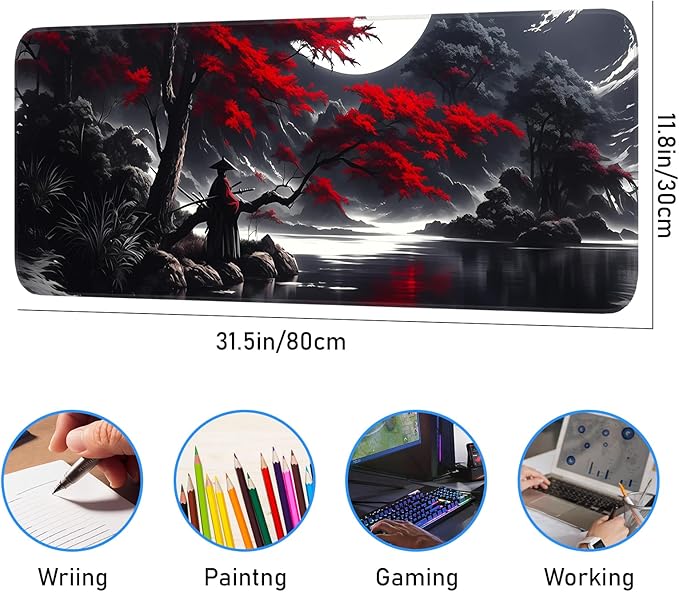 Japanese Dark Red Moon Gaming Mouse Pad, Extended Mouse Pad with Non-Slip Base, Full Keyboard Pad with Stitched Edges, Large Desk Pad for Gaming, Office, Home 31.5 x 11.8 Inch