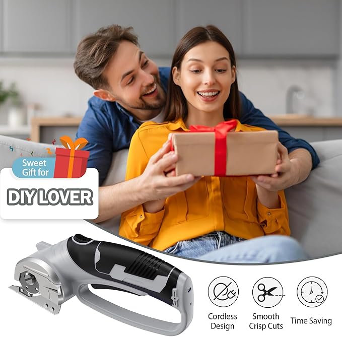 Cordless Electric Scissors, 4V Rechargeable Box Cutter & Cardboard Cutter with Titanium Blade, LED Light, Safety Lock - Rotary Cutter for Fabric, Leather, Carpet, Plastic, Crafting, Sewing (Grey)