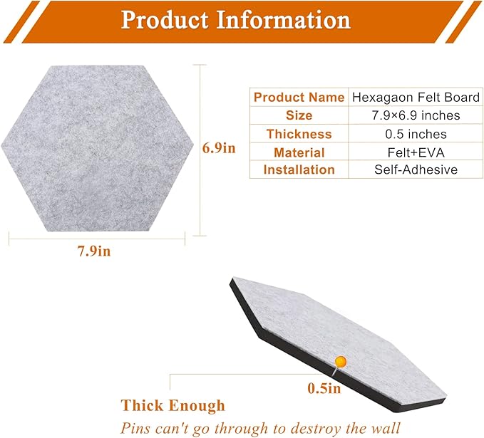 8Pcs Hexagon Felt Cork Board Tiles, Self Adhesive DIY Bulletin Board Pin Board for Office School Home Wall Decor Stickers Memos Photos Display (Gradual Red)