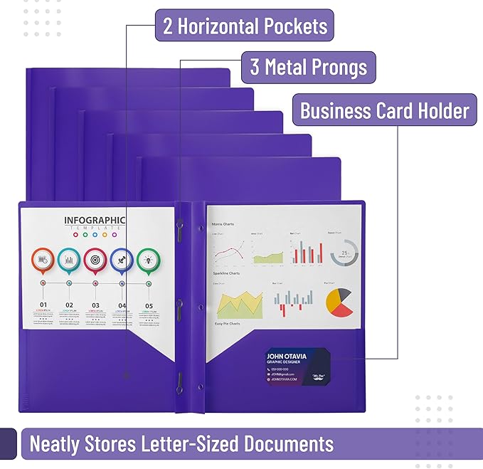 Mr. Pen- Plastic Folders with Pockets and Prongs, 5 Pack, Purple, Pocket Folders, Folders with Prongs, File Folders with Fasteners, 2 Pocket Folder, Folder with Pockets