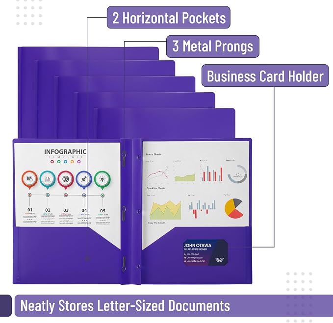 Mr. Pen- Plastic Folders with Pockets and Prongs, 5 Pack, Letter Size | Pocket Folders, Folders with Prongs, File Folders with Fasteners, 2 Pocket Folder, Folder with Pockets