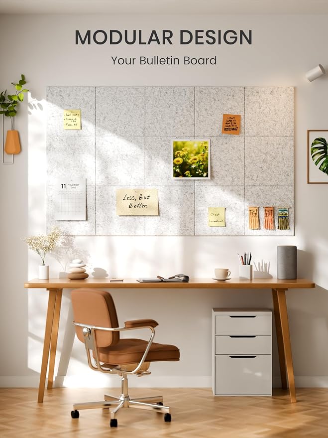 Bumusty 36" x 24" Large Cork Board Alternative, Light Gray | 6-Pack Felt Bulletin Board Tiles, 60 Adhesive Tabs, 30 Pushpins, Home, Office, Classroom, Vision Board