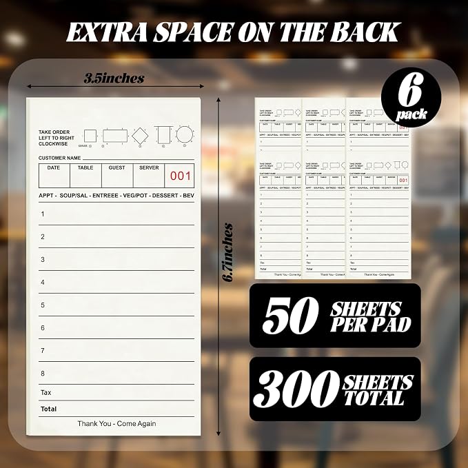 ZPARIK Natural Guest Checks Books for Servers, Server Note Pads, 6 Pack | 50 Sheets Per Pad, Server Pads, Total 300 Sheets Server Paper, Waitress Notepads for Restaurants