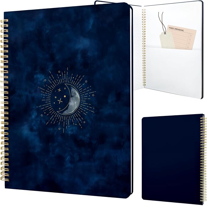 Cute Spiral Notebook journal A4 Aesthetic Pretty Design for Women Girls Kawaii with Pocket, 8.5 x 11 inch, Graph, Blue Moon