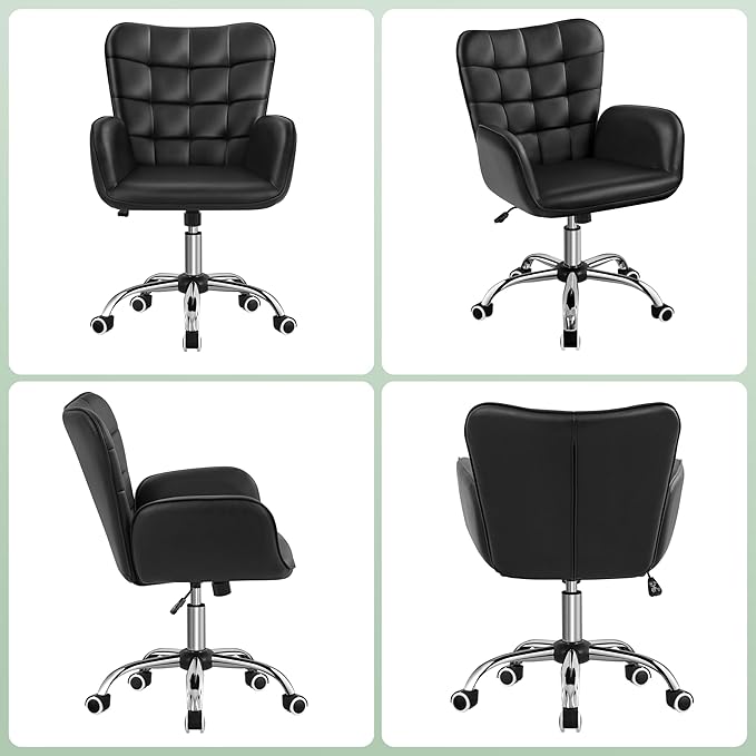 Yaheetech Modern Faux Leather Office Chair Ergonomic Adjustable Computer Chair with Wide Seat, Padded Armrests for Study, Bedroom Black