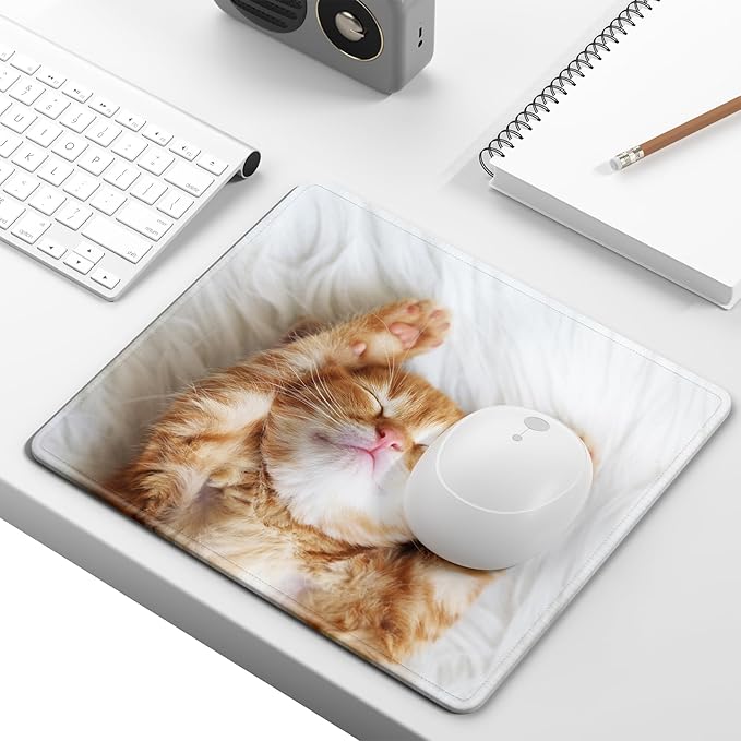 Mouse Pad, Minimalism Marble Style Computer Pad, Anti-Slip Rubber Mouse Mat with Stitched Edges for Gaming, Office, Laptop, PC, Women, 9" x 8" Thick 3 mm, Cute Cat