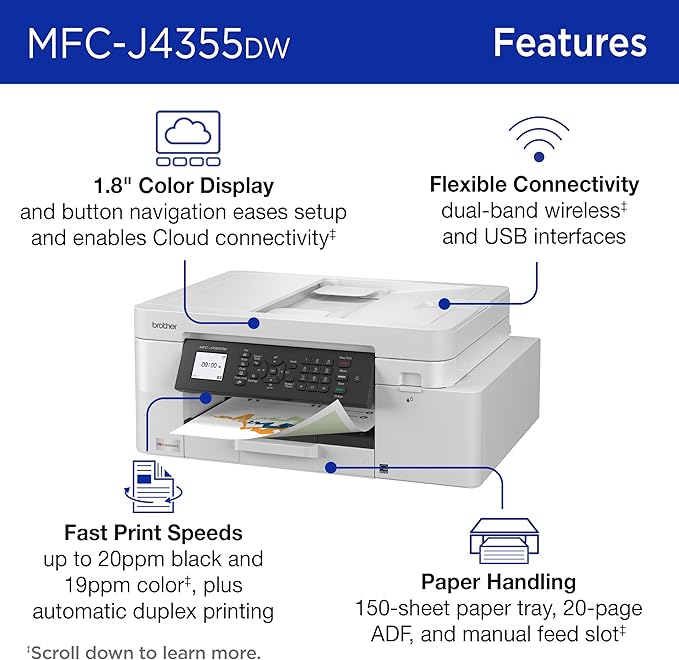 Brother INKvestment 4355 Wireless Color Inkjet All-in-One Printer with 1.8” Color Display and Manual Feed Slot | Includes Refresh Subscription Trial(1) (MFC-J4355DW)