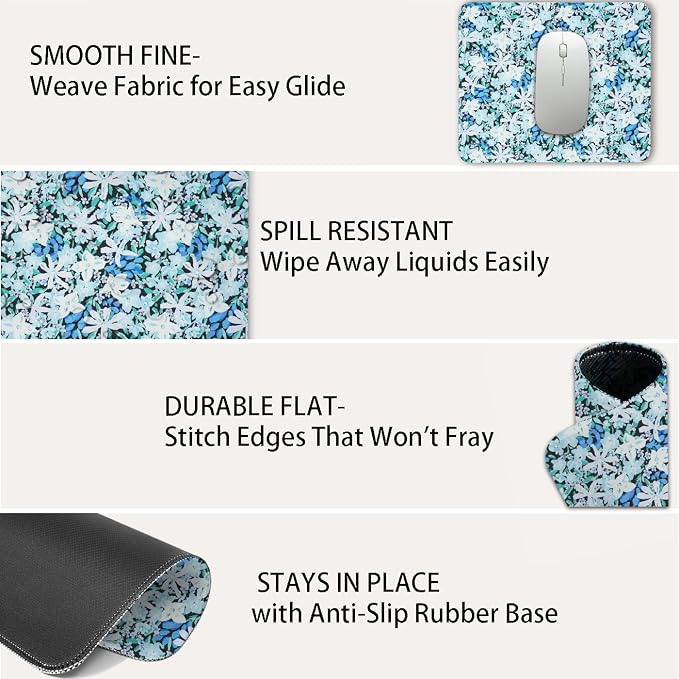 Mouse Pad for Desk with Stitched Edge, Premium Cute Washable Mouse Pads. Computer Mousepad with Non-Slip Rubber Base, Mousepads for Laptop, 9.25x7.75x0.12 inch (Indigo Blooms)